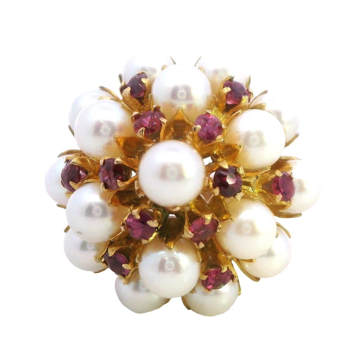 9ct yellow gold Cultured Pearl & Ruby Cluster ring.